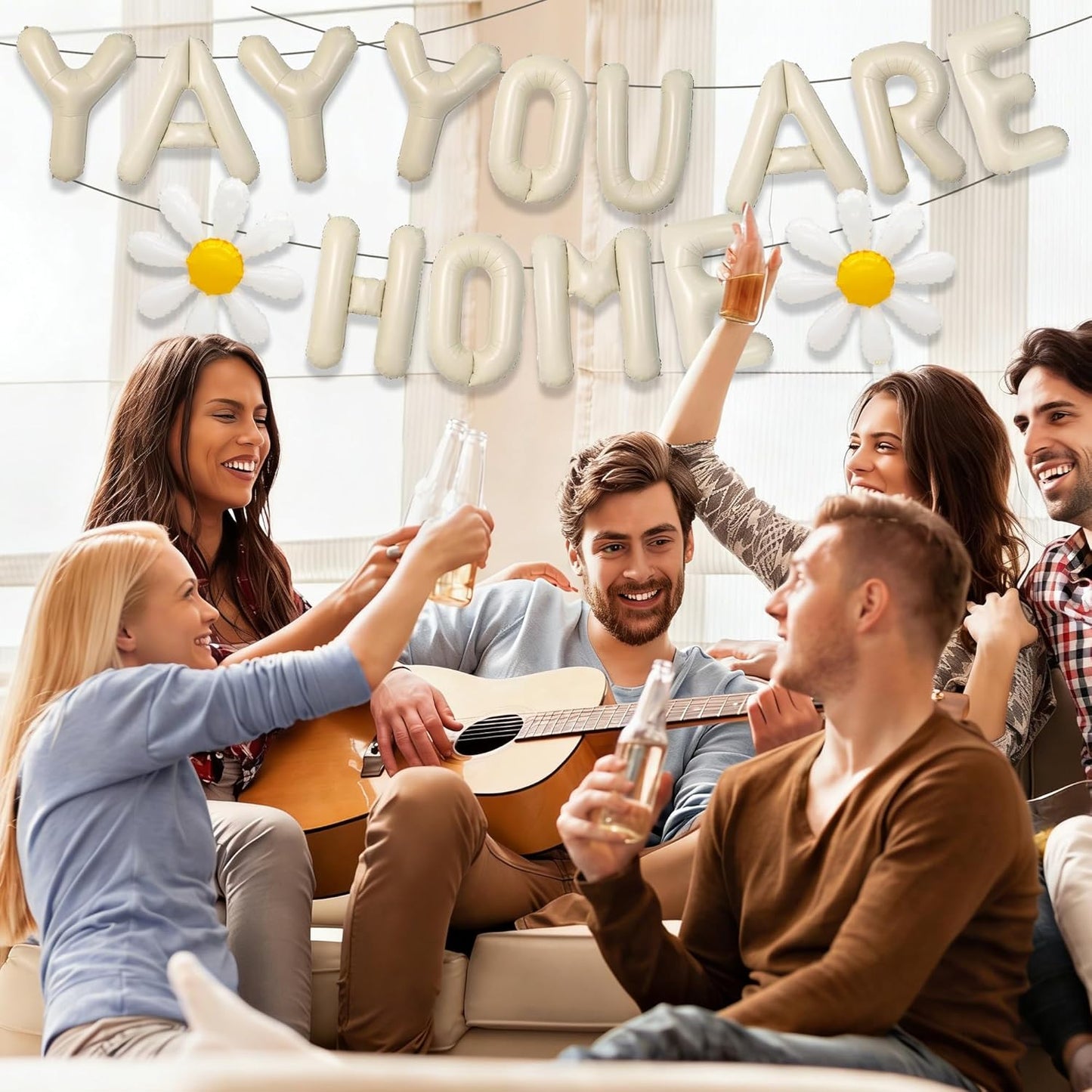 Welcome Home Banner Decorations Balloons - 3 Pcs Beige Pre-Strung Yay Youre Home Foil Letter Balloon Banner Decoration for Baby Welcome Back Housewarming Family Reunion Party Decor