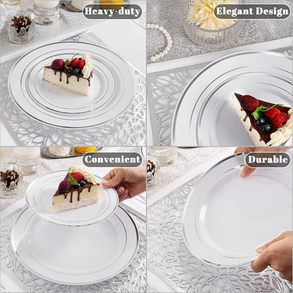 350 Pieces Black and Gold Plastic Plates with Disposable Silverware, Include 50 Dinner Plates 9”, 50 Dessert Plates 6.3”, 50 Black Cups 9 OZ, 50 Pre Rolled Napkins for Wedding Party Graduation