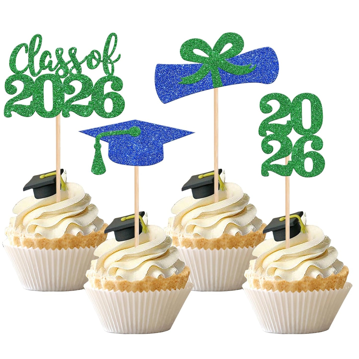36 PCS 2026 Graduation Theme Cupcake Toppers Glitter Class of 2026 Grad Cap Diploma Cupcake Picks 2026 Graduation Theme Party Cake Decorations Supplies Deep Blue