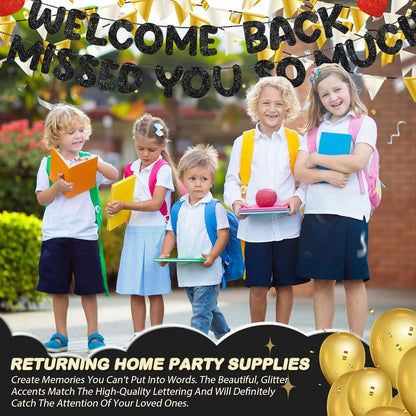 Fulmoon Pre Strung Welcome Back We Missed You So Much Banner, NO DIY, Glitter Welcome Home Celebration Decorations Family Gathering, Back to School, Military Homecoming Decoration(Dark Blue)