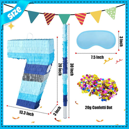 PCFING 20 Inch Number 3 Piñata Blue Silver with 30 Inch Piñata Stick Blindfold Confetti for Boys Girls Adults Birthday Party Decorations, Anniversary Celebration, Fiesta