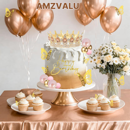 Crown Cake Topper, Balls Happy Birthday Cake Topper Pink Crown Birthday Candles Gold Butterflies, Corona Para Pastel, Cake Decorations for Birthday Wedding (Gold, Pink)