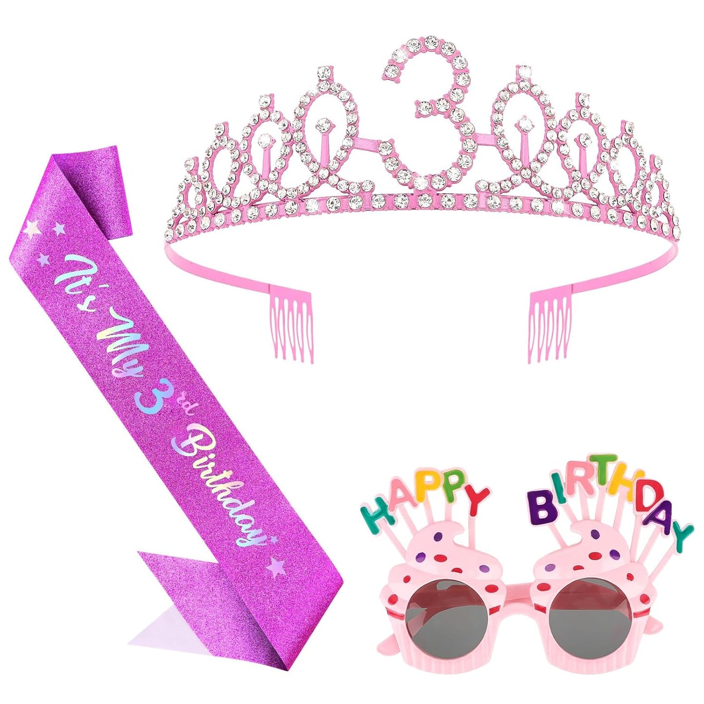 YARIEW 3rd Birthday Decorations, 3rd Glitter Purple Sash and Crown Kit with Happy Birthday Sunglasses, Tiara Princess Crown and Sash Party Outfit Accessory