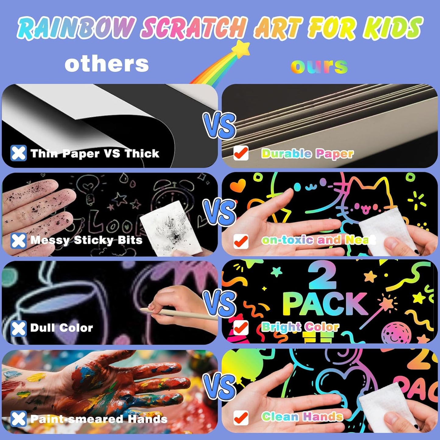 Scratch Art Crafts Kit for Kids – 2 Pack Rainbow Scratch Paper Notebooks with Wooden Styluses and Drawing Stencils, Magic Art Supplies Birthday Christmas Gifts Party Favors for Boys Girls Ages 3-10