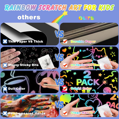 Scratch Art Crafts Kit for Kids – 2 Pack Rainbow Scratch Paper Notebooks with Wooden Styluses and Drawing Stencils, Magic Art Supplies Birthday Christmas Gifts Party Favors for Boys Girls Ages 3-10