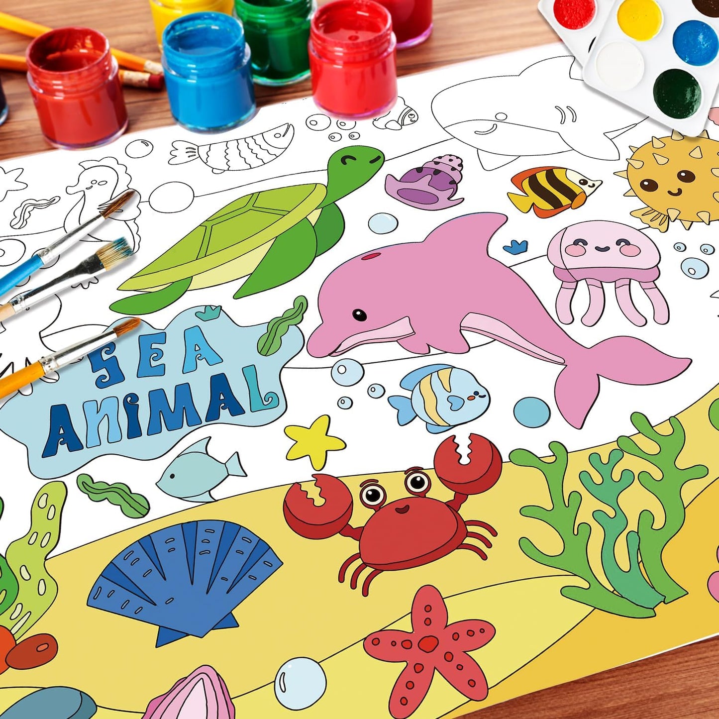 43.3x31.5 Summer Coloring Poster with Picture, Giant Cute Painting Poster, Large Coloring Tablecloth for Classroom Home Birthday Party Supplies Favor