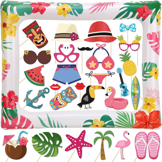 Funny Hawaiian Party Inflatable Selfie Photo Frame & Photobooth Props Set Giant Summer Tiki Luau Party Selfie Props Summer Tropical Hawaiian Beach Luau Party Supplies Birthday Party Decor