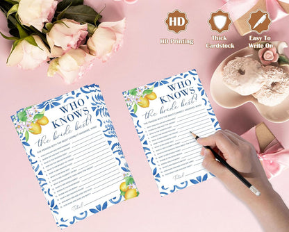 Mediterranean Lemon Bridal Shower Bingo Game with Blank Squares, Pack of 30 Game Cards, Bridal Shower Decorations, Wedding Engagement Decor, Bachelorette Party Supplies - KR30