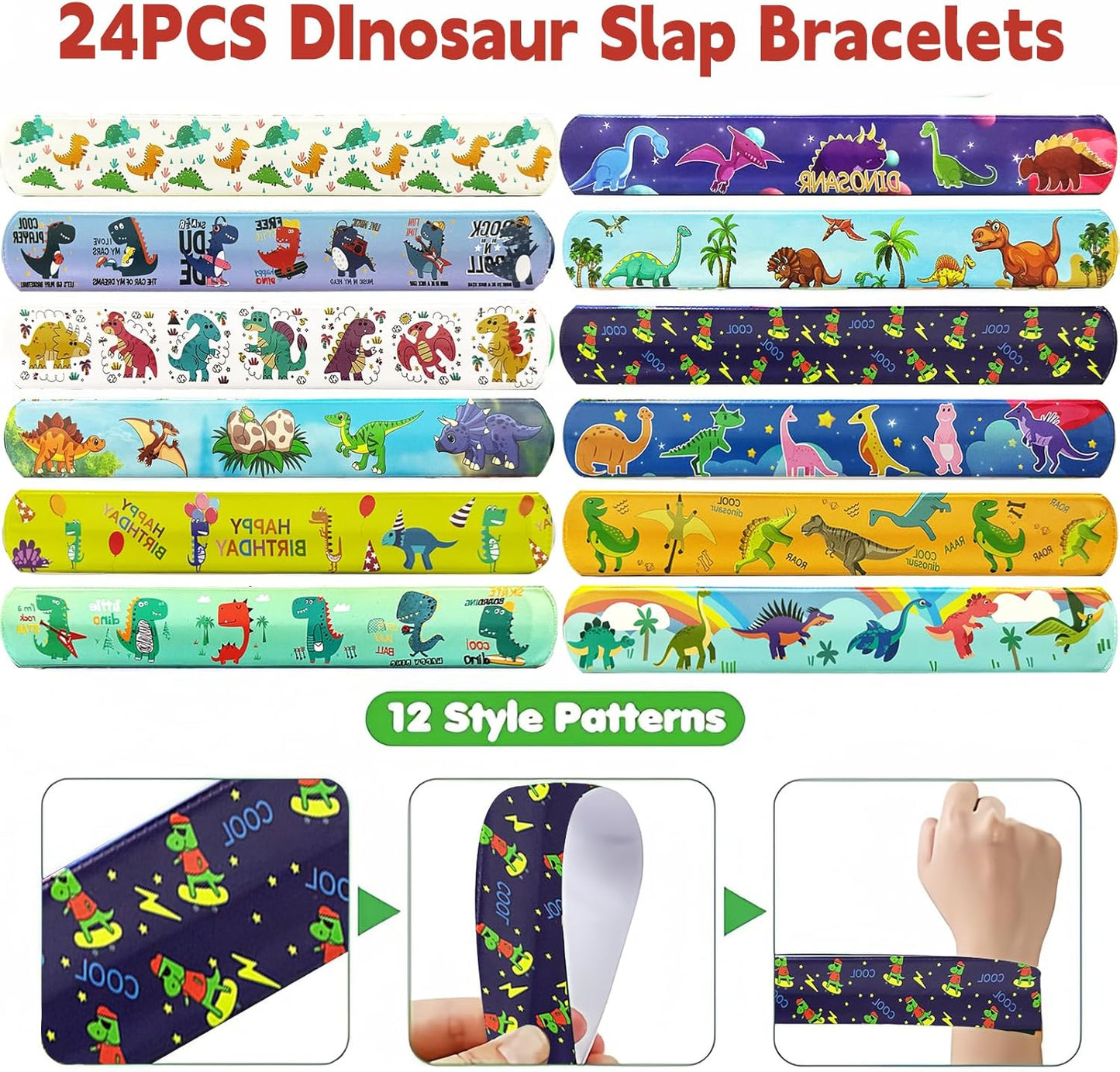 CZWXOXO 74Pcs Dinosaur Theme Party Favors Contain 24 Pcs Slap Bracelets 50Pcs Stickers, Dino Theme Birthday Party Decorations,Classroom Rewards Supplies.
