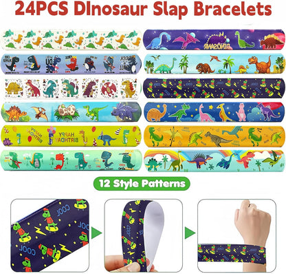 CZWXOXO 74Pcs Dinosaur Theme Party Favors Contain 24 Pcs Slap Bracelets 50Pcs Stickers, Dino Theme Birthday Party Decorations,Classroom Rewards Supplies.