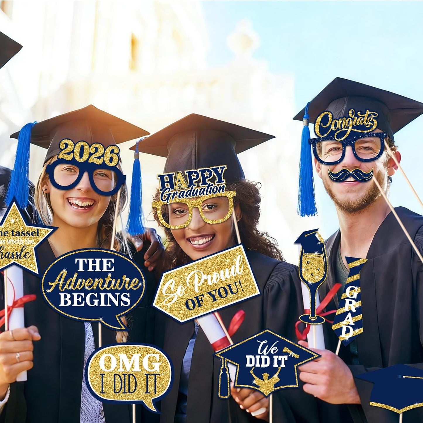 46Pcs Blue Gold Graduation Photo Booth Props 2026 Graduation Decorations with Sticks Class of 2026 Grad Party Favors Supplies for High School & College