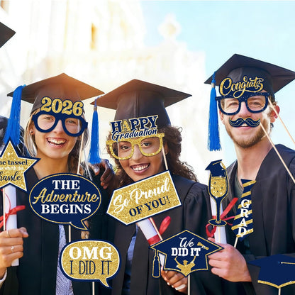 46Pcs Blue Gold Graduation Photo Booth Props 2026 Graduation Decorations with Sticks Class of 2026 Grad Party Favors Supplies for High School & College