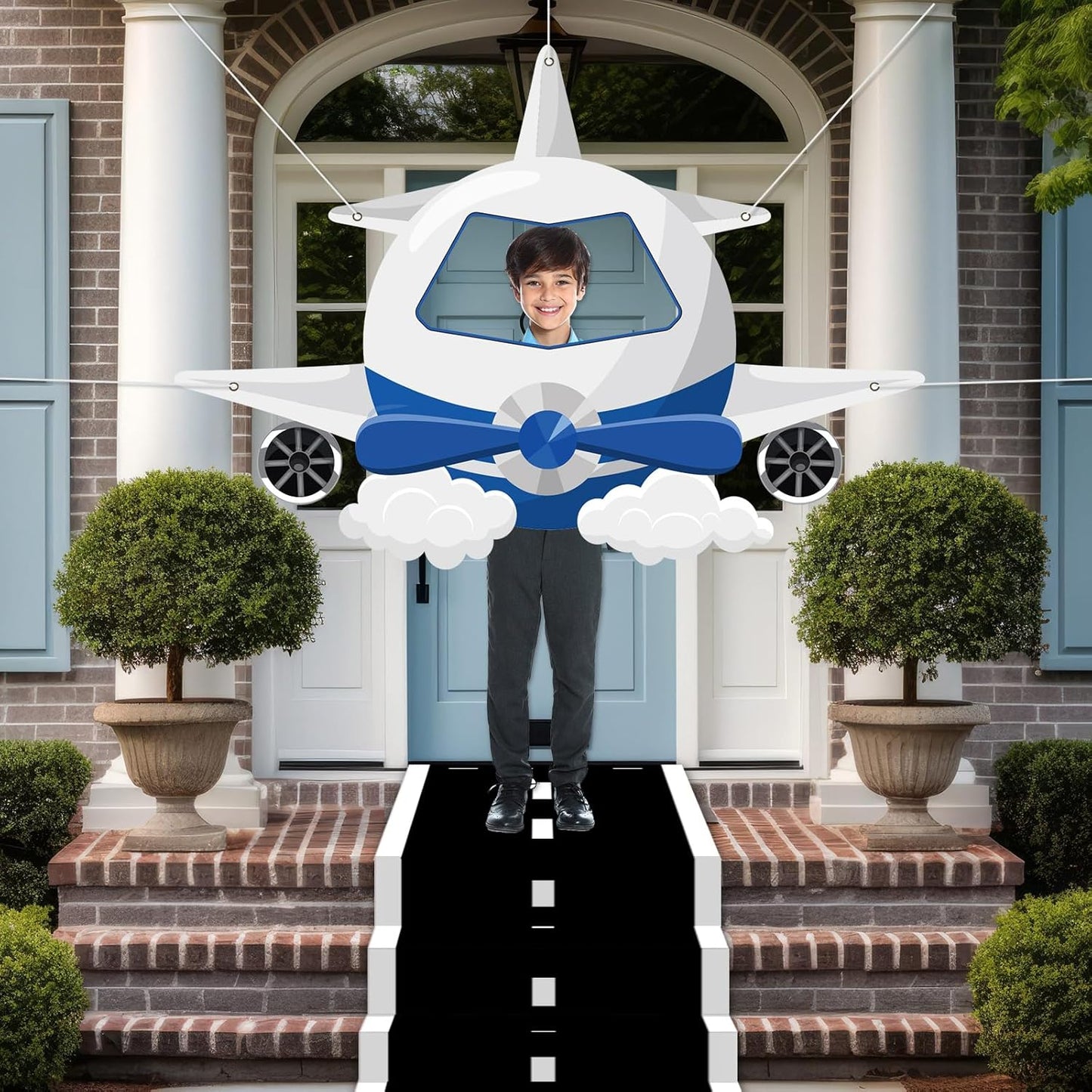 Airplane Shaped Photo Prop Selfie Frame Airplane Birthday Decoration Fabric Aircraft Backdrop Banner with Long Racetrack Floor Mat Plane Themed Background for Kids Baby Shower Birthday Party Supplies