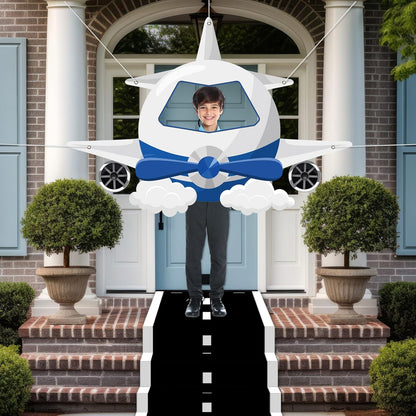 Airplane Shaped Photo Prop Selfie Frame Airplane Birthday Decoration Fabric Aircraft Backdrop Banner with Long Racetrack Floor Mat Plane Themed Background for Kids Baby Shower Birthday Party Supplies