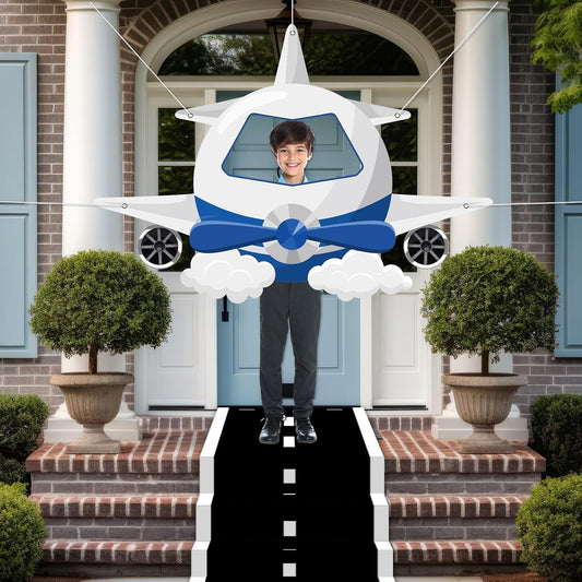 Airplane Shaped Photo Prop Selfie Frame Airplane Birthday Decoration Fabric Aircraft Backdrop Banner with Long Racetrack Floor Mat Plane Themed Background for Kids Baby Shower Birthday Party Supplies