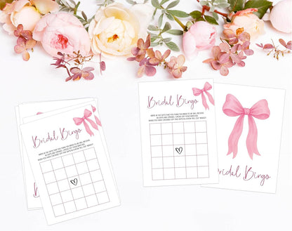 Pink Bow Bridal Shower Bingo Game with Blank Squares, Pack of 30 Game Cards, Bridal Shower Decorations, Wedding Engagement Decor, Bachelorette Party Supplies - KR05