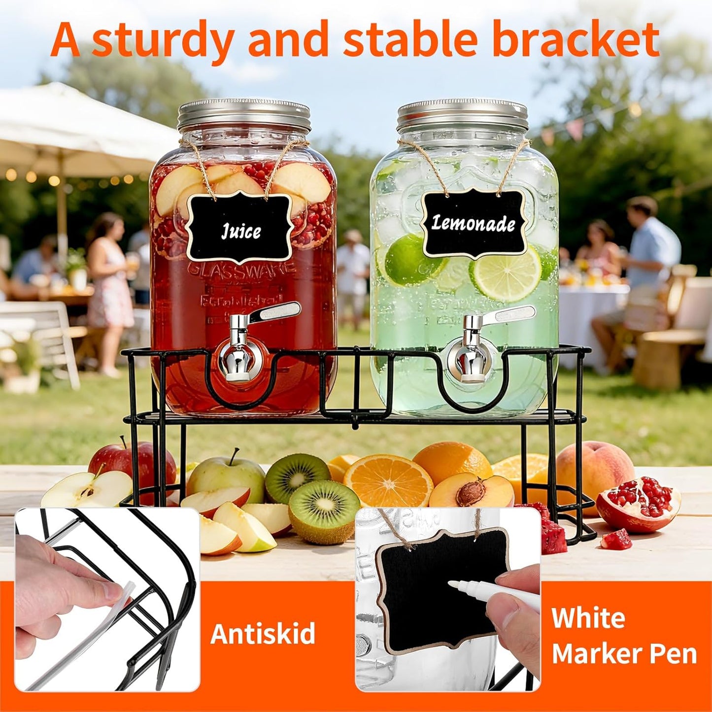 1 Gallon Glass Beverage Dispenser with Lid, Stainless Steel Spigot, Glass Drink Dispensers for Parties, Lemonade Dispenser With Ice Cylinder for Weddings, Party,Sun Tea Jar, Water Juice Dispensers