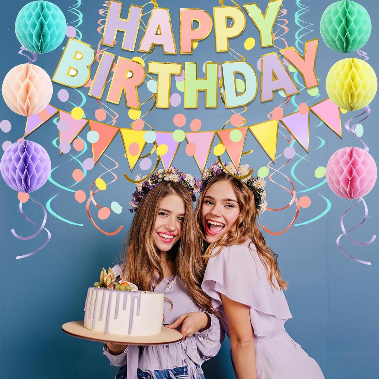 Fecedy Happy Birthday Banner With Colorful Paper Flag Bunting Paper Circle Confetti Garland Swirl Streamers Honeycomb ball for Birthday Party Decorations
