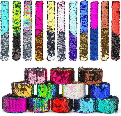 VGOODALL 12 PCS Glitter Slap Bracelet for Kids Sequin Mermaid Bracelet Wristband for Birthday Party Favors Supplies