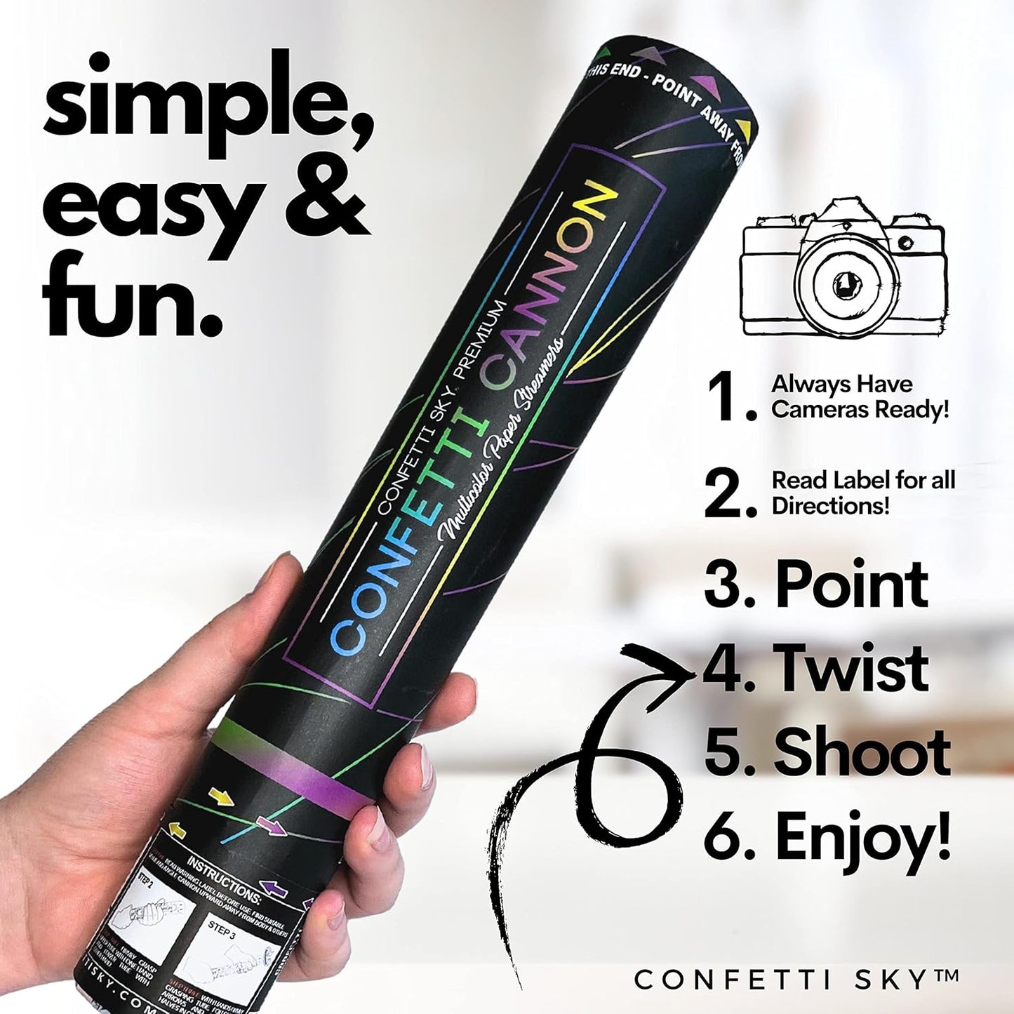 Confetti Sky [6 Pack] 12 Inch Confetti Cannons | Multicolor Confetti Poppers for Wedding Celebration, Birthday Party, Pranks, Graduation, Christmas Eve and New Year Celebration