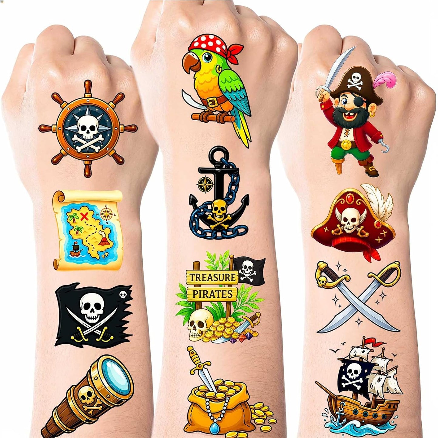 Ozepao 100 Pcs Pirate Temporary Tattoos for Kids,（2'' x 2''）Individually Wrapped Tattoos, Pirate Ship Nautical Themed Birthday Decorations, Party Favors Supplies