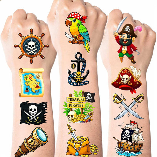 Ozepao 100 Pcs Pirate Temporary Tattoos for Kids,（2'' x 2''）Individually Wrapped Tattoos, Pirate Ship Nautical Themed Birthday Decorations, Party Favors Supplies