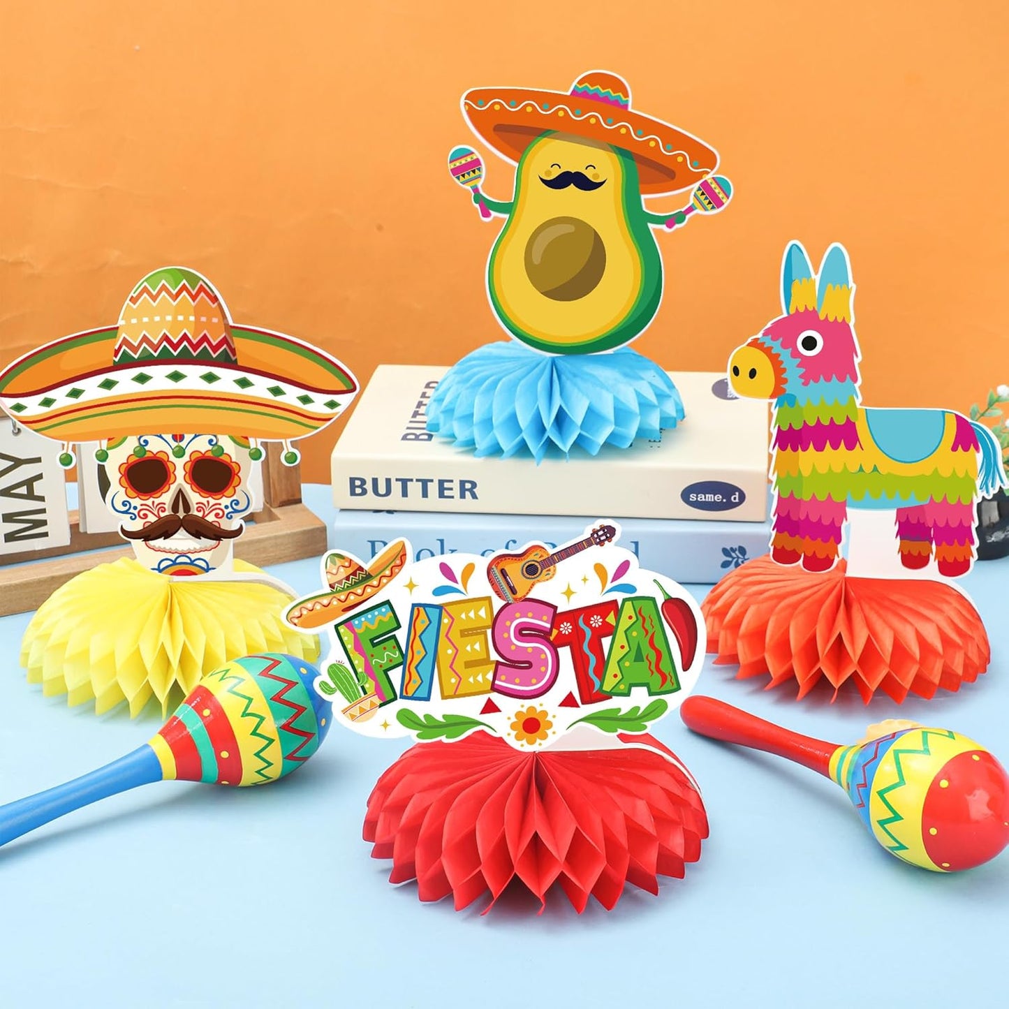 12 PCS Mexican Themed Honeycomb Centerpieces 8" Mexican Fiesta Party Table Centerpiece Cinco De Mayo Party Table Decorations for Taco Birthday Day of the Dead Decoration
