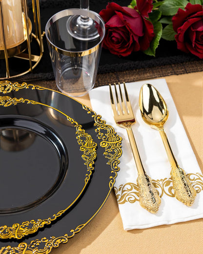 Nervure 350PCS Gold Plastic Plates - Gold Plastic Dinnerware Sets for 50 Guests - 100 Disposable Plates, 150 Silverware, 50 Cups, 50 Napkins for Wedding & Party & Mothers Day