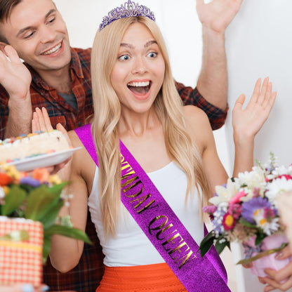 COCIDE Birthday Queen Sash & Rhinestone Tiara Set Gold Happy Birthday Crowns for Women Party Decoration Kit Rhinestone Headband for Women Glitter Crystal Hair Accessories for Cake Topper