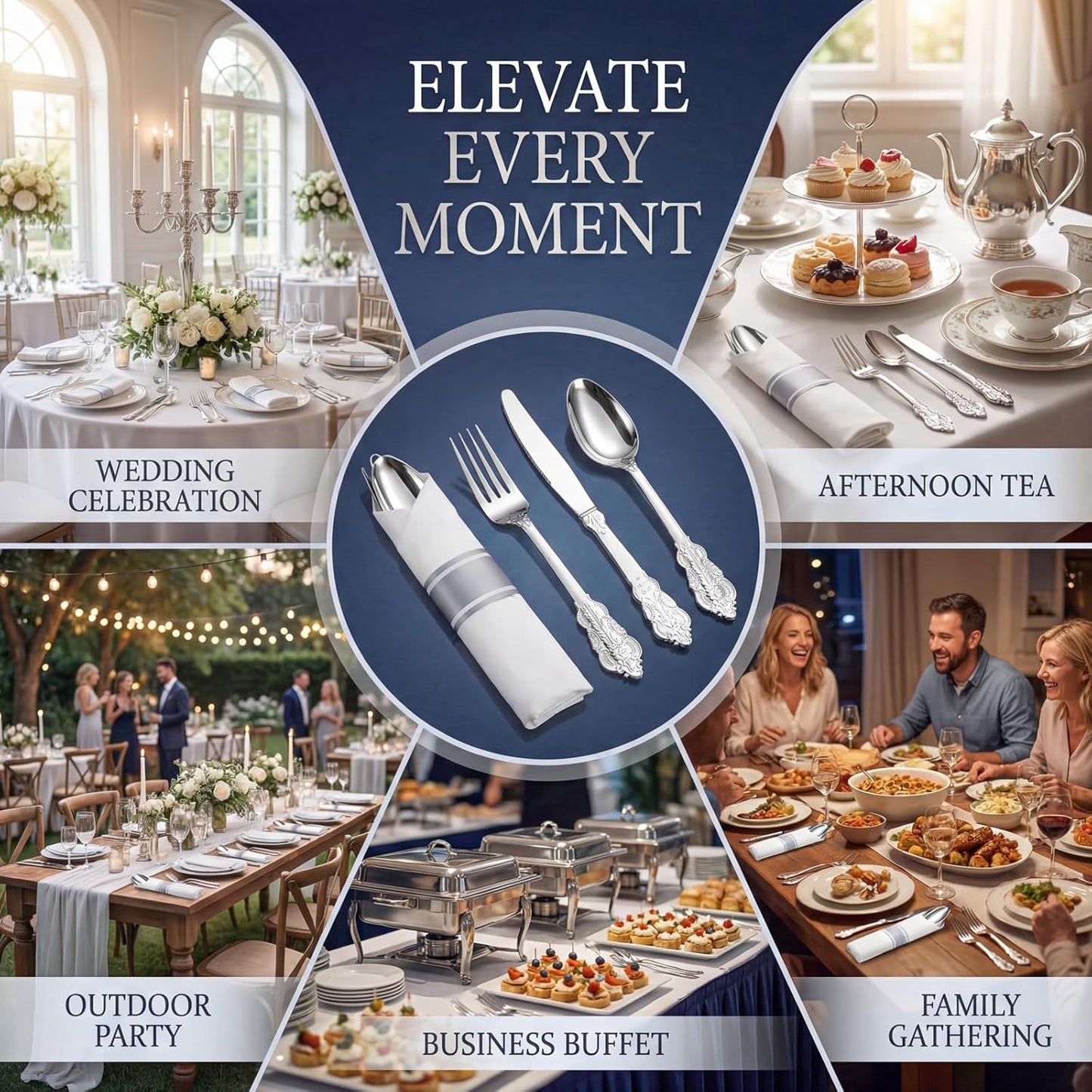 Liacere 100 Pack Silver Plastic Silverware-Pre Wrapped cutlery and Napkin-Pre Rolled Silverware Disposable 100 Forks, 100 Knives 100 Spoons, 100 Napkins Plastic Utensils＆Wedding