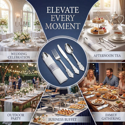 Liacere 100 Pack Silver Plastic Silverware-Pre Wrapped cutlery and Napkin-Pre Rolled Silverware Disposable 100 Forks, 100 Knives 100 Spoons, 100 Napkins Plastic Utensils＆Wedding