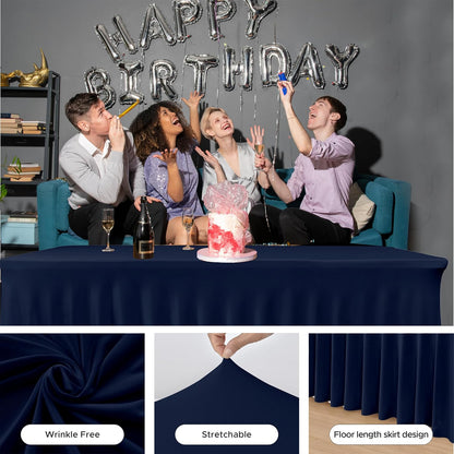 HolidayIdeas 2 Pack Spandex Table Skirt for 6 Ft Rectangle Tables, Black Fitted Stretch Tablecloth 30 x 72 Inch, Wrinkle Resistant Ruffle Design for Wedding Banquets, Trade Shows, Parties