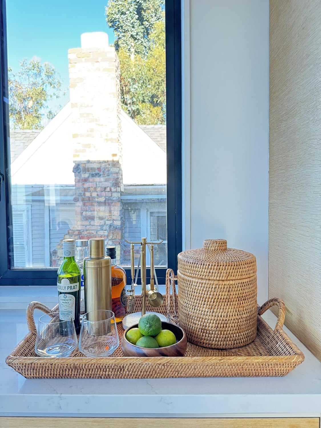 La Jolla Rattan Ice Bucket with Ice Tongs Honey Brown
