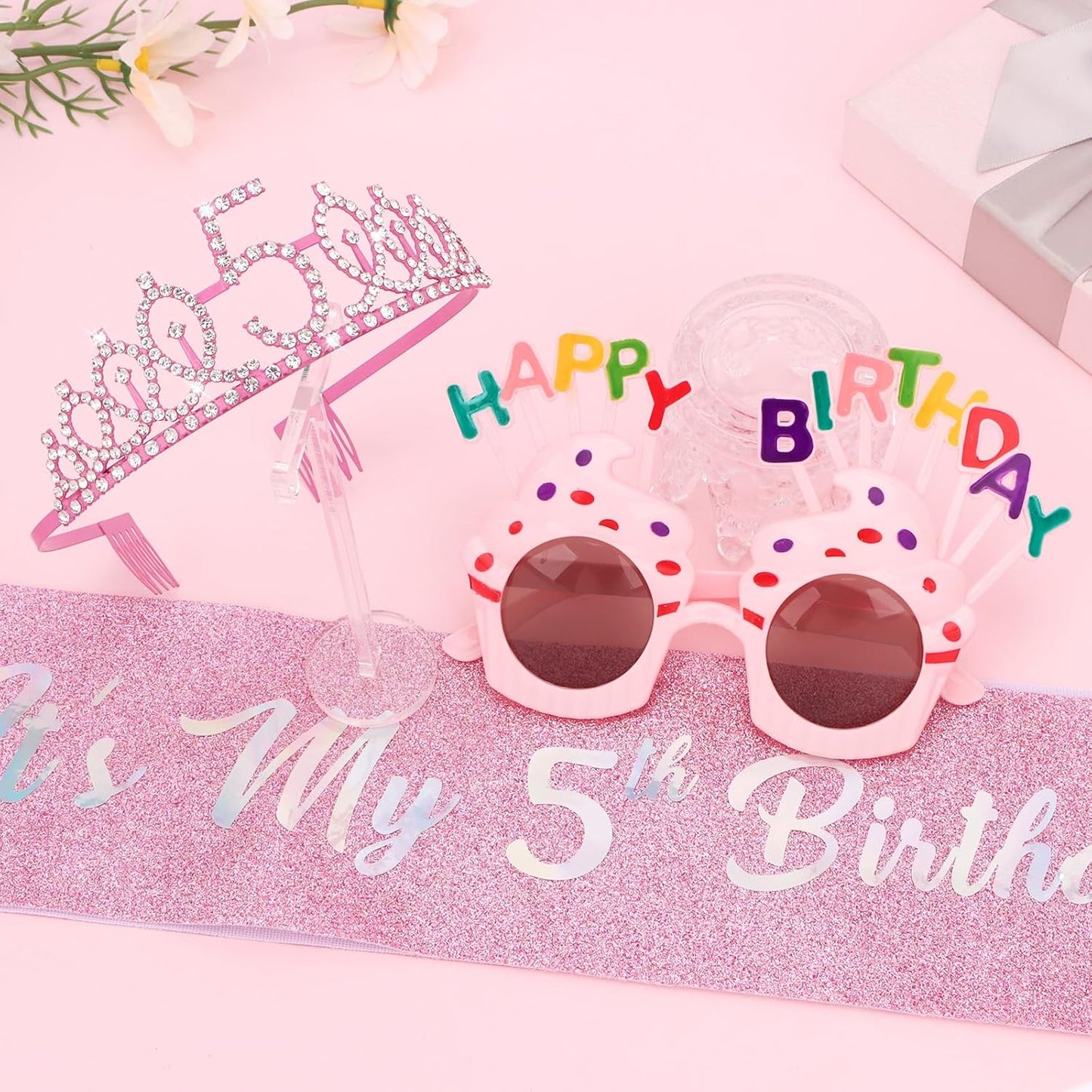 YARIEW 3rd Birthday Decorations, 3rd Glitter Purple Sash and Crown Kit with Happy Birthday Sunglasses, Tiara Princess Crown and Sash Party Outfit Accessory