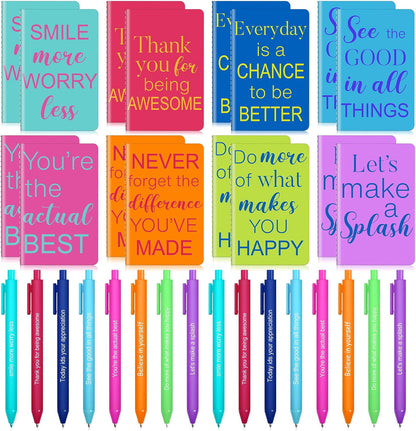 Funrous 32 Pcs Motivational Quote Pens Inspirational Notepads Mini Journal with Ballpoint Pen Small Notebooks Gift for Men Women Coworker Adult Party Favors Prize Teacher Student Office(Stylish)
