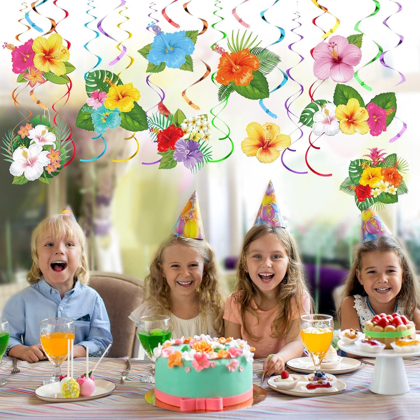 Outus 30 Pieces Hawaiian Luau Birthday Party Hanging Swirl Decorations, Flower Tropical Palm Flamingo Sign Foil Ceiling Decor for Floral Tropical Party Summer Beach Pool Tiki Supplies(Summer)