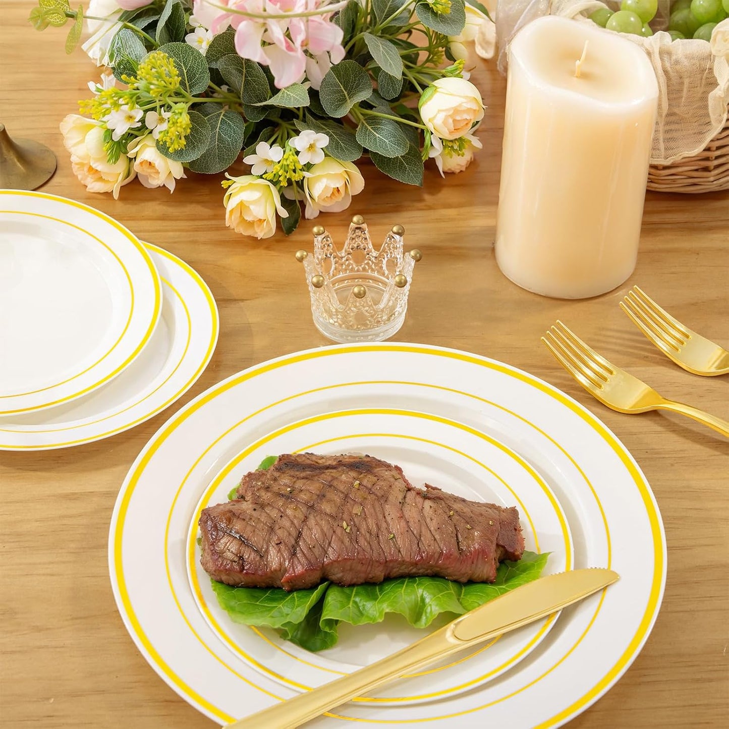 WELLIFE 350-Piece Gold Disposable Plates and Cutlery Set - Premium 10.25" Dinner Plates, 7.5" Dessert Plates, 9oz Cups & Cutlery for Weddings, Catering Events - 50 Guest Service - Elegant & Sturdy