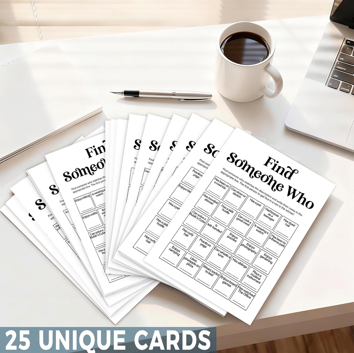 Team Building Games for Work Adults – Find Someone Who Bingo Game, 25 Unique Human Bingo Cards 5x7 Inch, Ice Breaker & Office Games for Parties, Meetings & Events - A05