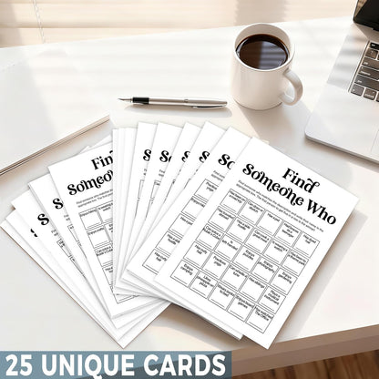 Team Building Games for Work Adults – Find Someone Who Bingo Game, 25 Unique Human Bingo Cards 5x7 Inch, Ice Breaker & Office Games for Parties, Meetings & Events - A05