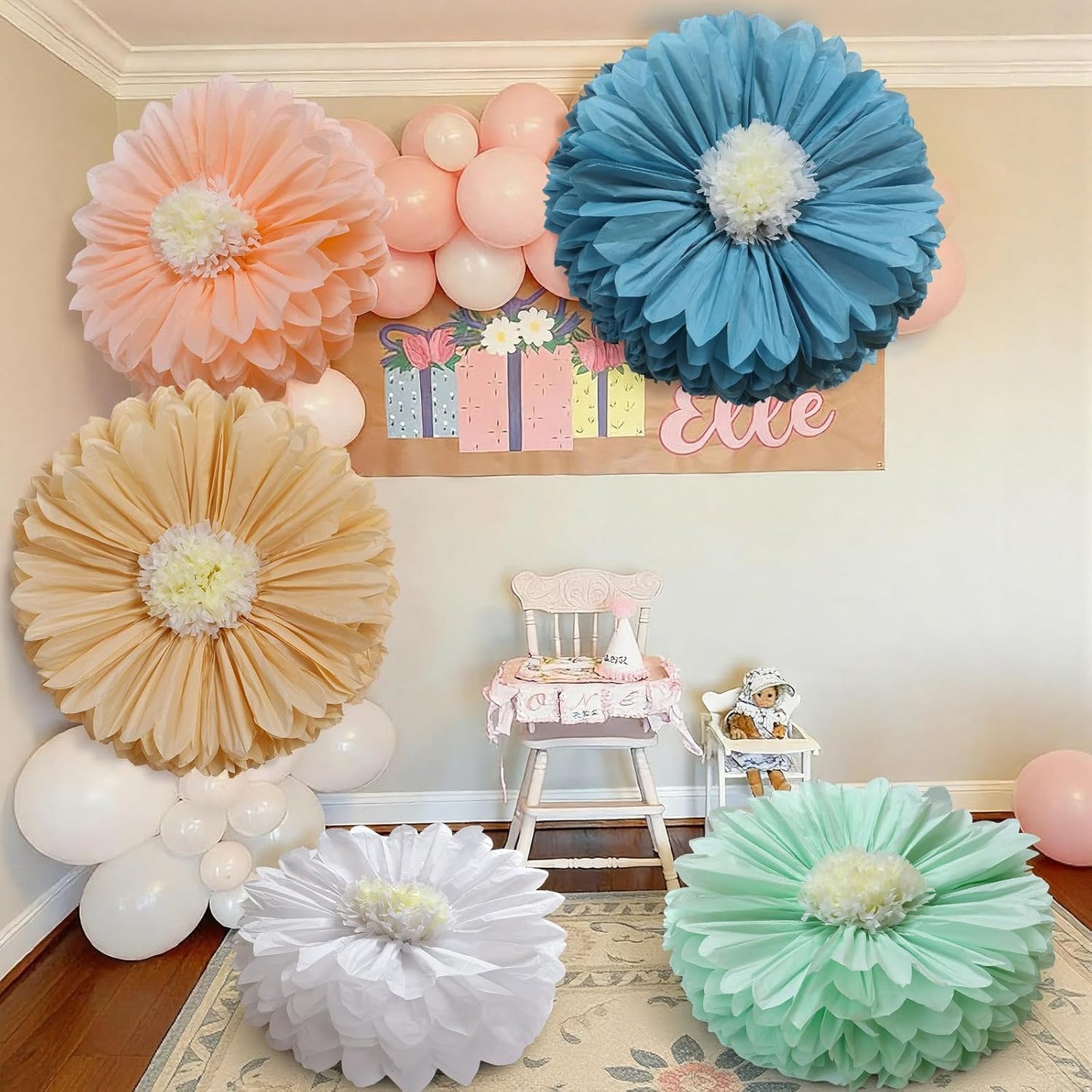 Chunful 5 Pcs 30'' 24'' Gaint Pastel Tissue Paper Flowers Decoration Large Hanging Tissue Paper Pom Poms Decor for Pastel Birthday Bachelorette Wedding Baby Shower Bridal Shower Easter Party Decor