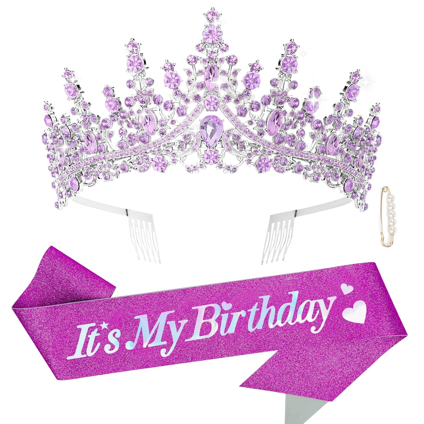 CURASA Birthday Tiara and Sash - Silver Birthday Crown for Women, Perfect for Parties and Celebrations