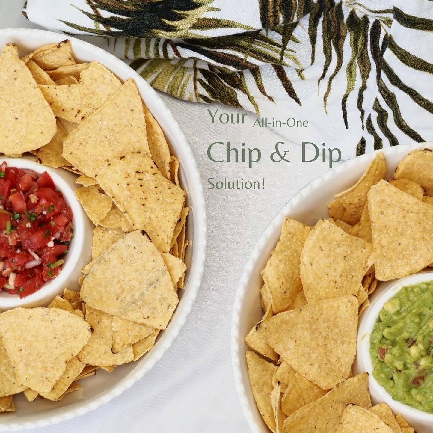 11'' Ceramic Chip and Dip Tray, Middle Size Divided Serving Set for Parties, Mixing Bowl Sets for Salsa, Snack, Veggies, Dumpling, Fruit, Salad, Fruit, Entertaining, Hosting, Ivory White
