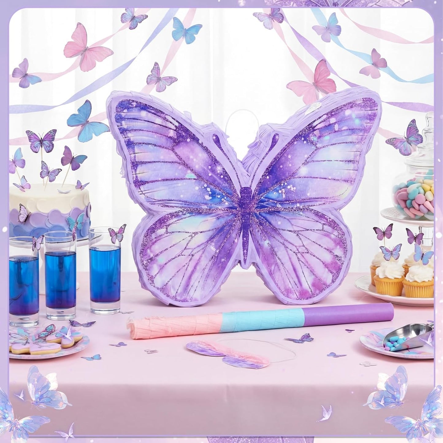 VioraWhite Fairy Piñata Princess Birthday Decorations Fairy Party Piñata Set with Stick and Blindfold for Girls Kids Butterfly Birthday Party Game Decorations Supplies
