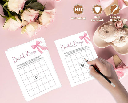 Pink Bow Bridal Shower Bingo Game with Blank Squares, Pack of 30 Game Cards, Bridal Shower Decorations, Wedding Engagement Decor, Bachelorette Party Supplies - KR05