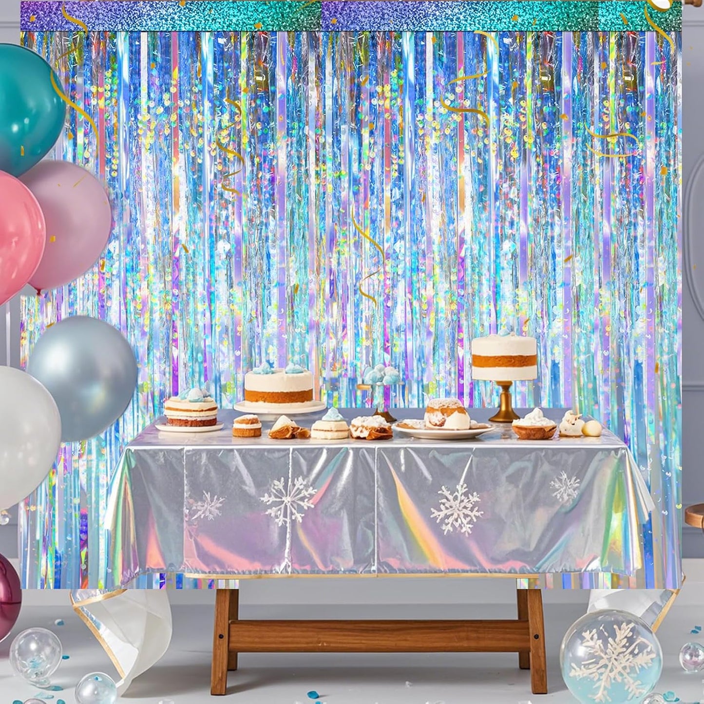 4 Packs Silver Foil Fringe Curtain, Silver Glitter Metallic Tinsel Backdrop for Birthday, Wedding, Baby Shower, Bachelorette, 70s 80s 90s Theme Disco Party, Iridescent Party Decorations Supplies