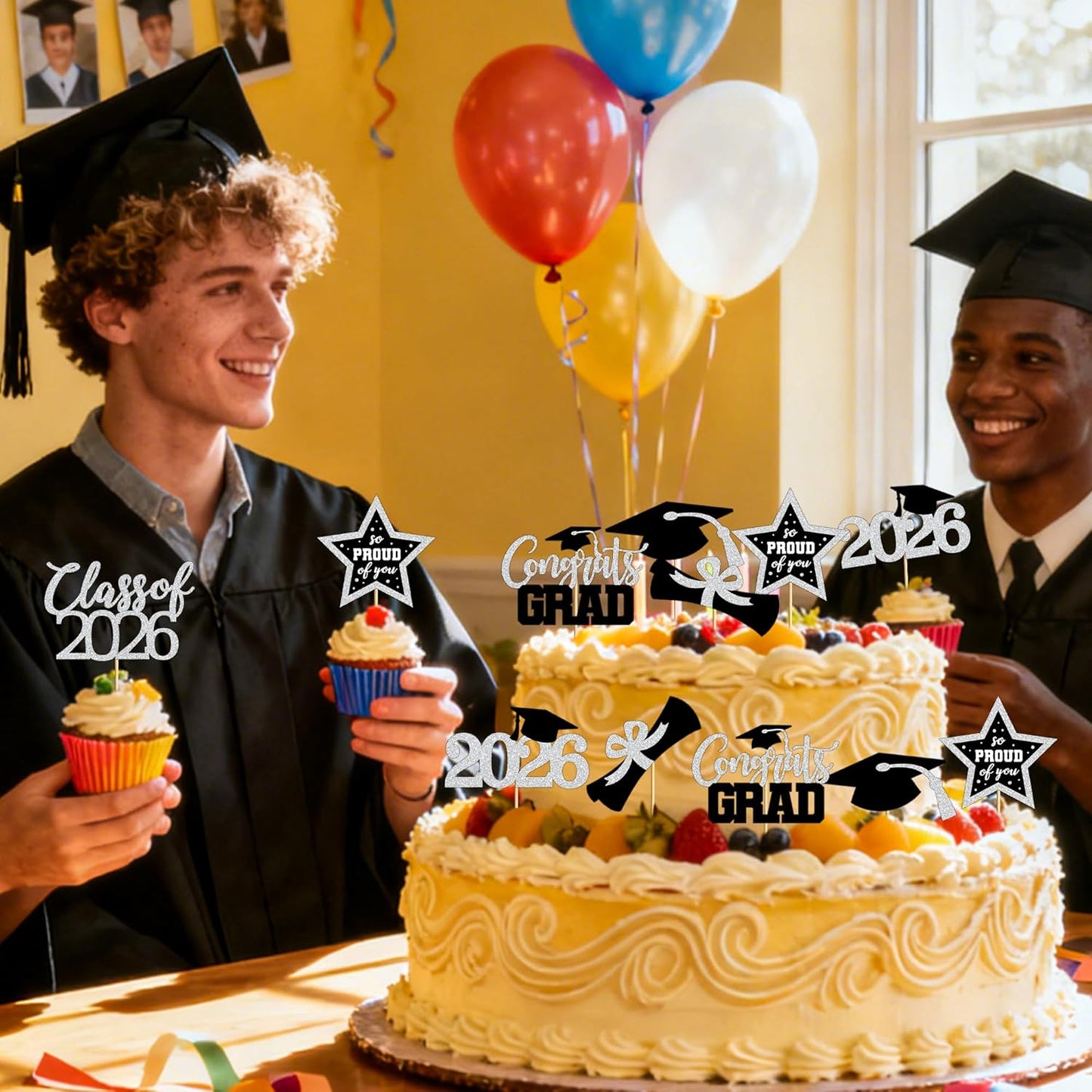 48 PCS Graduation Cupcake Toppers, Glittery 6 Styles Congrats Grad Cake Topper, Black and Red Graduation Decorations 2026, Cap and Diploma Cake Picks for Grad Party Supplies