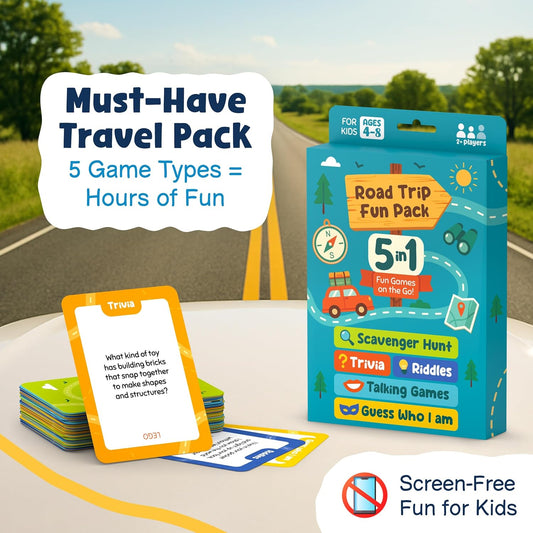 WELL BALANCED 5-in-1 Road Trip Games for Kids Ages 4-8 – Car Games, Riddles, Trivia, Scavenger Hunt – Car Ride Essentials for Screen-Free Fun – Road Trip Activities for Kids