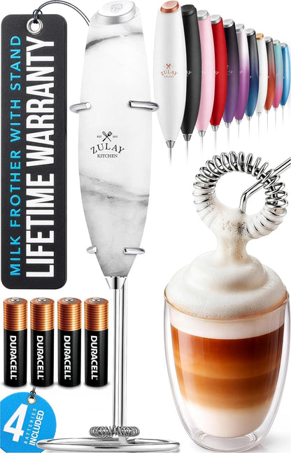 Zulay Kitchen Powerful Milk Frother Wand With Duracell Batteries - Ultra Fast Handheld Drink Mixer - Electric Whisk Foam Maker for Coffee, Lattes, Cappuccino & Matcha - Z1 Motor - Black - Colors A