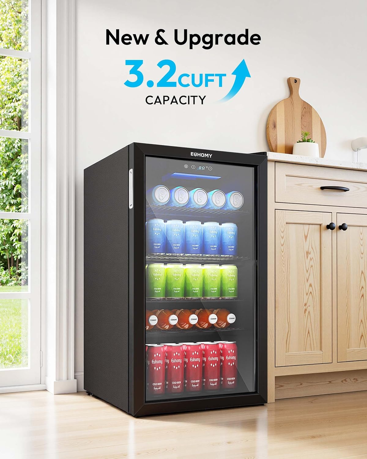 EUHOMY 4.5 Cu.ft Beverage Refrigerator and Cooler, 145 Can Mini fridge with Glass Door for Soda Beer Wine, Small Drink Dispenser with Digital Adjustable Thermostat for Home Office Bar