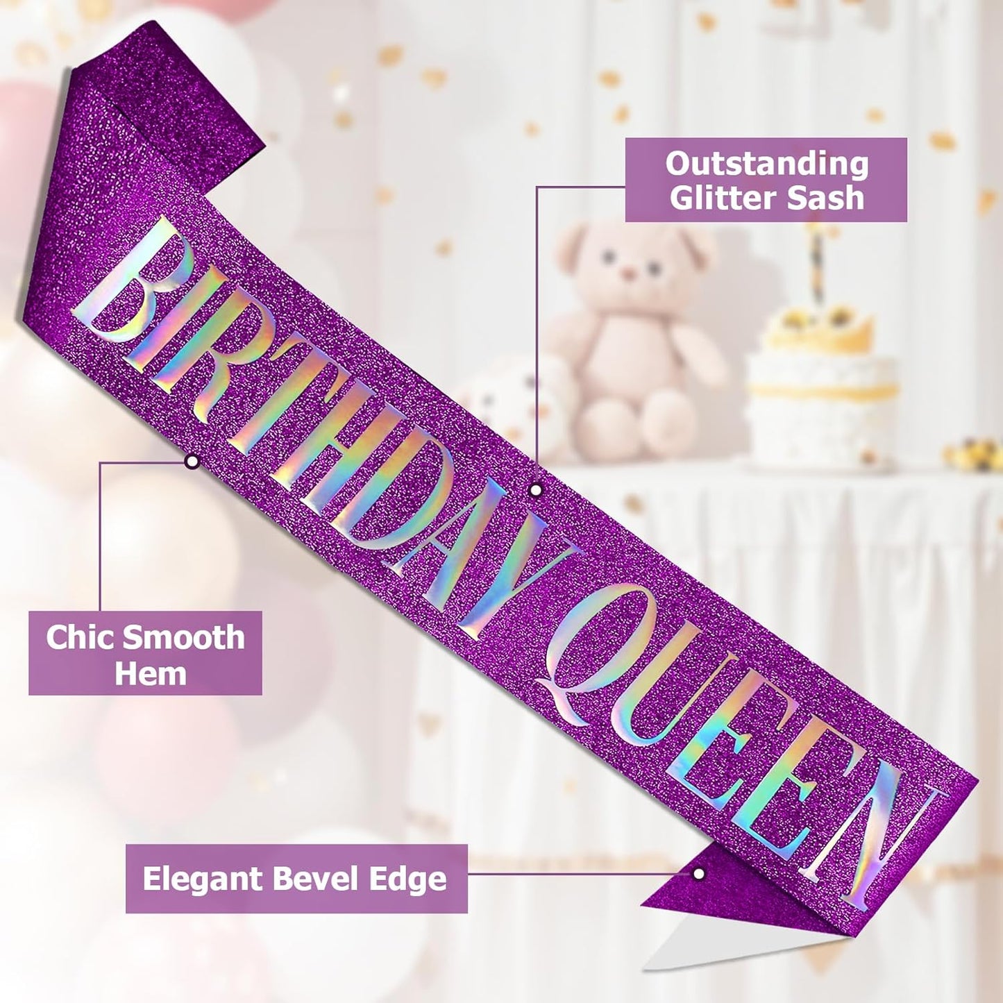 RUDONG M Birthday Queen Sash Glitter - Gold Birthday Sash for Women & Girls | Sweet 16/18th/21st/30th/40th/50th/60th/70th, All-Age Celebration Party Decor